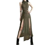 Robes à Capuche Gothiques Foncées Y2k Punk évider Midi Robe Femmes Sexy Split Side Solide Streetwear, Army Green, S