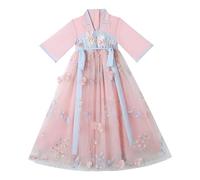 Robes anciennes Hanfu pour filles, robes traditionnelles chinoises en tulle, manches courtes, broderie florale, robes maxi, rose, 11-12 ans