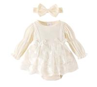 robes bébé fille 0-18 mois princesse ceremonie mariage bapteme body manche longue bouffante avec jupe tulle vetement ensemble naissance fille barboteuse bandeau noeud chaussette (Beige, 0-3 mois)