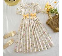 Robes blanches pour jeunes filles avec col Peter Pan, manches à volants, taille cintrée et nœud décoratif 8Y,9Y,10Y,11Y,12YPlantesPolyester