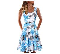 Robes chemise pour femme Robe d'été pour femme avec col en U Robe courte décontractée sans manches Tissu ample avec imprimé moderne Robes pour femmes élégantes, bleu clair, M