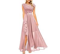 Robes chemisiers femmes robe fixe dentelle épissure sans manches col rond à volants robe mode sweat-shirt robe de soirée femme été avec bretelles spaghetti, Rose, M