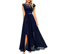 Robes chemisiers femmes robe fixe dentelle épissure sans manches col rond à volants robe mode sweat-shirt robe de soirée femme été avec bretelles spaghetti, bleu, XL