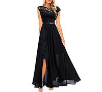 Robes chemisiers femmes robe fixe dentelle épissure sans manches col rond à volants robe mode sweat-shirt robe de soirée femme été avec bretelles spaghetti, Noir , S