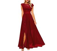 Robes chemisiers femmes robe fixe dentelle épissure sans manches col rond à volants robe mode sweat-shirt robe de soirée femme été avec bretelles spaghetti, rouge, L