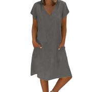 Robes courtes pour adolescentes et femmes, mode décontractée, avec poche à nouer en V, couleur unie, coton et lignes, robe courte décontractée pour femmes de moins de 10 ans, gris, 3XL