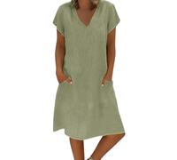 Robes courtes pour adolescentes et femmes, mode décontractée, avec poche à nouer en V, couleur unie, coton et lignes, robe courte décontractée pour femmes de moins de 10 ans, Vert, XL