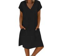 Robes courtes pour adolescentes et femmes, mode décontractée, avec poche à nouer en V, couleur unie, coton et lignes, robe courte décontractée pour femmes de moins de 10 ans, Noir , XL
