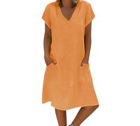 Robes courtes pour adolescentes et femmes, mode décontractée, avec poche à nouer en V, couleur unie, coton et lignes, robe courte décontractée pour femmes de moins de 10 ans, Orange, XL