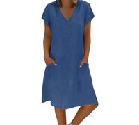 Robes courtes pour adolescentes et femmes, mode décontractée, avec poche à nouer en V, couleur unie, coton et lignes, robe courte décontractée pour femmes de moins de 10 ans, bleu, XL