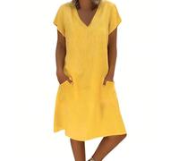 Robes courtes pour adolescentes et femmes, mode décontractée, avec poche à nouer en V, couleur unie, coton et lignes, robe courte décontractée pour femmes de moins de 10 ans, jaune, 3XL