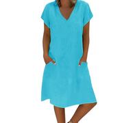 Robes courtes pour adolescentes et femmes, mode décontractée, avec poche à nouer en V, couleur unie, coton et lignes, robe courte décontractée pour femmes de moins de 10 ans, bleu ciel, XL