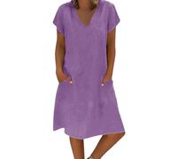 Robes courtes pour adolescentes et femmes, mode décontractée, avec poche à nouer en V, couleur unie, coton et lignes, robe courte décontractée pour femmes de moins de 10 ans, violet, XL