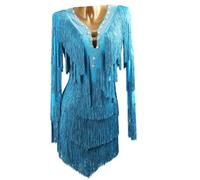 Robes Danse Latine à Manches Longues Tenue Spectacle Tango Vêtements Salsa | Strass Franges Costume Cha Cha Dos Nu Compétition Modèle Raffiné Matière Extensible Encolure en V Découpes