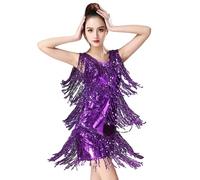 Robes de bal avec paillettes pour femme à franges métalliques à pompons brillants Robe de bal latin carnaval double col en V Robe flapper Salsa, violet, Medium