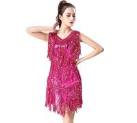 Robes de bal avec paillettes pour femme à franges métalliques à pompons brillants Robe de bal latin carnaval double col en V Robe flapper Salsa, Rose intense, Medium