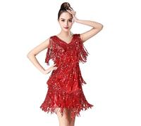 Robes de bal avec paillettes pour femme à franges métalliques à pompons brillants Robe de bal latin carnaval double col en V Robe flapper Salsa, rouge, Medium