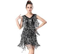 Robes de bal avec paillettes pour femme à franges métalliques à pompons brillants Robe de bal latin carnaval double col en V Robe flapper Salsa, gris foncé, Medium