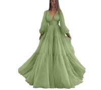 Robes de bal en mousseline de soie longues manches bouffantes col en V robe de bal plissée taille empire robes de soirée princesse, vert sauge, 6XL Grande taille