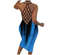 Robes de bal Robe maxi sans manches avec col rond Impression en maille pour femme Robe d'été décontractée Dos nu Robe midi pour femme Chemise de bal, bleu, S