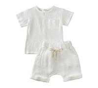 Robes de baptême garçon enfant bébé garçon fille pull uni manches courtes coton lin sweat-shirt t-shirt col rond tops short ensemble vêtements maillot de football, Blanc., 12-24 mois