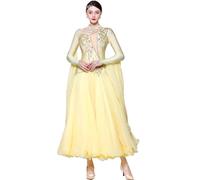 Robes De Concours De Danse De Salon Professionnel pour Femmes Broderie Tenue De Danse De Performance De Tango Valse Vêtements De Salsa Foxtrot Élégants Super Jupe Swing,Jaune,3XL