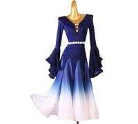 Robes De Danse De Salon À Col en V pour Femmes Manche De Trompette Costumes De Concours De Valse Et De Tango Robe De Danse Standard Nationale De Flamenco,Bleu,S