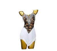Robes De Danse De Salon À Col Licou pour Femmes Gland Ballroom Performance Vêtements De Danse Robe Tango Flamenco avec Strass (L,Leopard)
