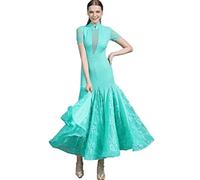 Robes De Danse De Salon À Col Montant Costumes De Valse À Manches Courtes, Standards Nationaux Vêtements De Danse Latine Moderne en Maille Épissée Superbe Jupe Trapèze,Vert,XL