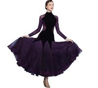 Robes De Danse De Salon en Velours Costume De Compétition De Tango Moderne À Col Montant Robe De Valse en Maille Épissée Jupe De Danse Sociale,Violet,L