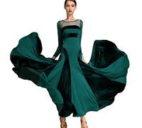 Robes de Danse de Salon Faites Main pour Femme Costume de Performance Moderne en Velours Robe de compétition de Valse et Tango en Maille épissée Superbes Jupes Swing,Vert,XL
