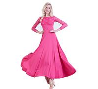 Robes De Danse De Salon Pour Femmes Vêtements De Pratique De Tango De Valse À Manches Longues En Dentelle Costumes De Danse Salsa Moderne Standard Élégante Robe D'entraînement A-Ligne,Rose red,S