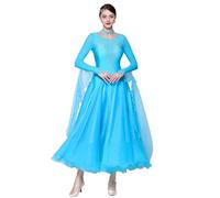 Robes De Danse De Salon Standard Nationales Costume De Compétition De Valse Et De Tango À Col Rond Jupe De Danse Sociale pour Femme Superbe Tenue De Danse De Performance,Bleu,XXL