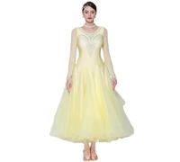 Robes De Danse De Salon Standard Nationales Costume De Compétition De Valse Et De Tango À Col Rond Jupe De Danse Sociale pour Femme Superbe Tenue De Danse De Performance,Jaune,S