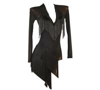 Robes De Danse Latine À Franges pour Femmes Col Manches Longues Salsa De Salon Jupe Samba Cha Cha Robe De Compétition Latine Robe D'entraînement Latin Robe De Danset,Noir,S