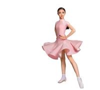 Robes de Danse Latine à Manches Courtes pour Filles Vêtements de compétition Performance Salle Bal pour Enfants Convient pour la Salsa, la Rumba Le cha-cha la Samba et Le Tango,Rose,140cm