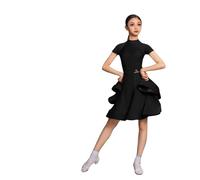Robes de Danse Latine à Manches Courtes pour Filles Vêtements de compétition Performance Salle Bal pour Enfants Convient pour la Salsa, la Rumba Le cha-cha la Samba et Le Tango,Noir,140cm
