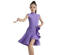 Robes de Danse Latine pour Filles, Ensemble Deux pièces sans Manches à Volants pour Rumba, Tango et Danse de Salon, Costume d'entraînement de Jazz Moderne,Violet, 150