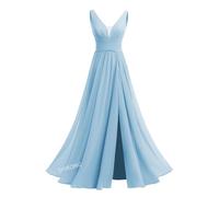 Robes De Demoiselle D’Honneur à Col en V pour Femmes Longues en Mousseline De Soie Robes De Bal PlisséEs TrapèZe Robes De SoiréE Formelles avec Fente Sky Blue XXS