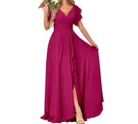 Robes de demoiselle d'honneur à manches courtes pour mariage en mousseline plissée formelle soirée robe maxi avec fente AH139, fuchsia, 50 Grande taille