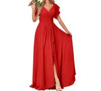 Robes de demoiselle d'honneur à manches courtes pour mariage en mousseline plissée formelle soirée robe maxi avec fente AH139, Rouge, 60 Grande taille
