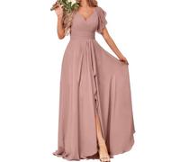 Robes de demoiselle d'honneur à manches courtes pour mariage en mousseline plissée formelle soirée robe maxi avec fente AH139, vieux rose, 36