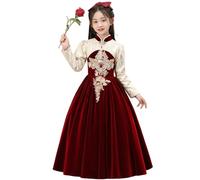 Robes de Demoiselle d'honneur Automne-Hiver en Velours à Manches Longues Robe de Noël à Manches Longues Broderie Florale Princesse Tulle fête Anniversaire Danse Formelle,Rouge,110cm