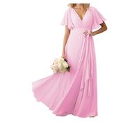 Robes de demoiselle d'honneur avec col en V et fente haute, robe de soirée formelle à manches flottantes, robe de demoiselle d'honneur longue en mousseline de soie pour femme, rose bonbon, 60