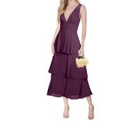 Robes de demoiselle d'honneur de princesse double col en V robe de bal à volants en mousseline de soie formelle robe de soirée maxi robe longueur thé ZMKI429, prune, 40