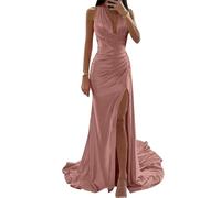 Robes de demoiselle d'honneur longues en satin pour femme, invitées de mariage, sirène, plis fendus dos nu, rose, 34