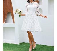 Robes de demoiselle d'honneur pour femmes, robe de mariée simple en dentelle brodée de style A-line avec manches 3/4, blanche, pour la Saint-Valentin et le printemps L,M,S,XLPlantesDentelle