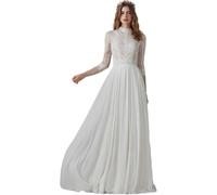 Robes De Mariée Femmes Dentelle Manches Taille Haute Tulle Longueur Au Sol Soirée Nuptiale Maxi Robe, White, XS(Within 49KG)