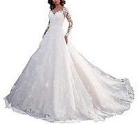 Robes de mariée pour Femmes, col en V, Manches Longues, Robe de mariée Princesse en Dentelle et Tulle, Ivoire, 40