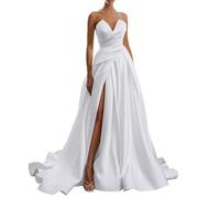 Robes de mariée sans bretelles en satin pour femmes avec fente robes de soirée formelles pour invitées de mariage grande taille, blanc, 50 Grande taille